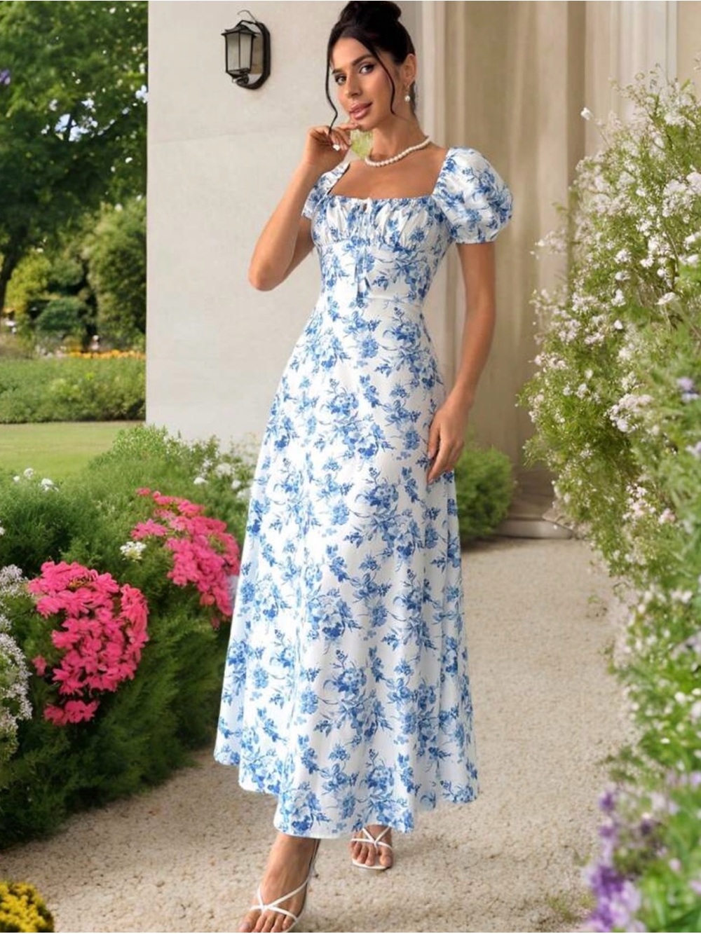 SHEIN White Maxi Dress with Blue Floral Print and Puff Sleeves